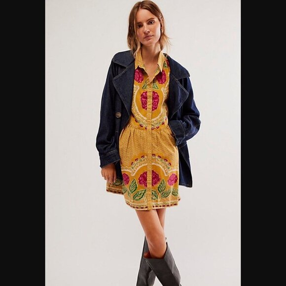 Free People Smell The Roses Mini Dress in Mustard Combo - Picture 1 of 10